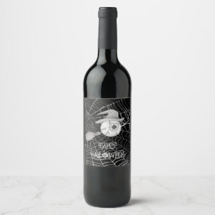 Étiquette Pour Bouteilles De Vin Halloween balai sorcière, globe oculaire effrayant