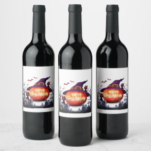 Étiquette Pour Bouteilles De Vin Halloween Citrouille, Chats et sorcière Ha