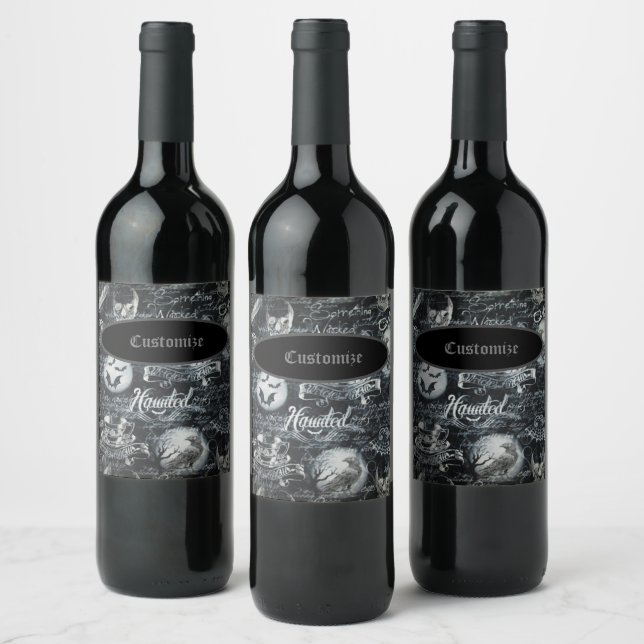 Étiquette Pour Bouteilles De Vin Halloween noir et blanc hanté (Bouteilles)