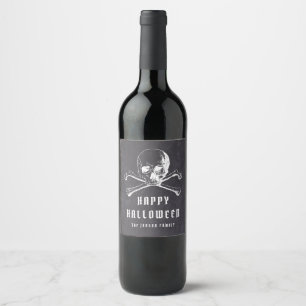 Étiquette Pour Bouteilles De Vin Halloween vintage noir pirate crâne et os heureux
