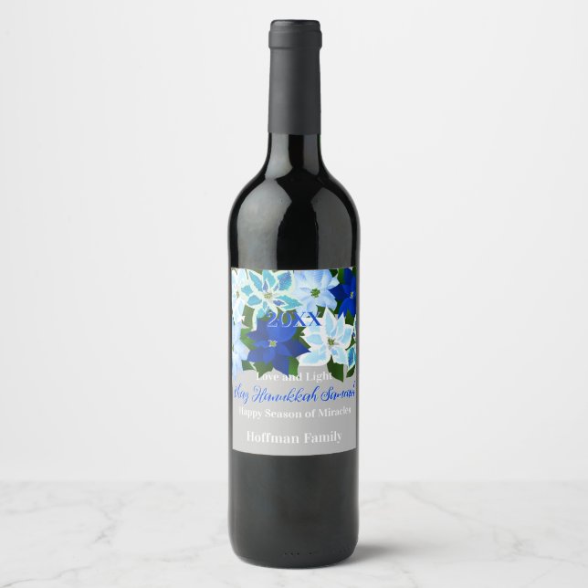 Étiquette Pour Bouteilles De Vin Hanoukka de Poinsettia bleue (Devant)