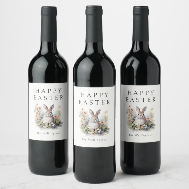 Étiquette Pour Bouteilles De Vin Happy Pâques Elegant Aquarelle Bunny Nom personnal (Bouteilles)