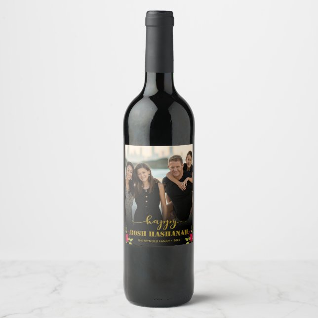 Étiquette Pour Bouteilles De Vin Happy Rosh Hashanah Luxury Gold Script Photo (Devant)