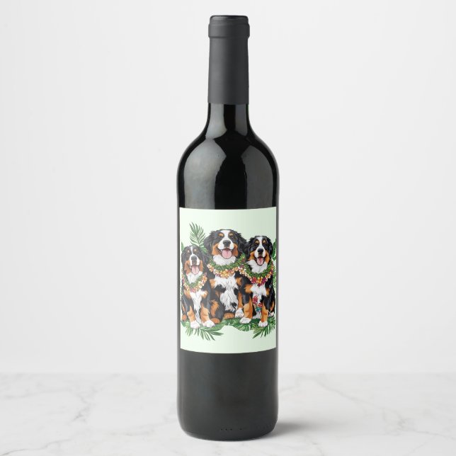 Étiquette Pour Bouteilles De Vin Hawaiian Bernese Mountain Dogs Flower Lei (Devant)