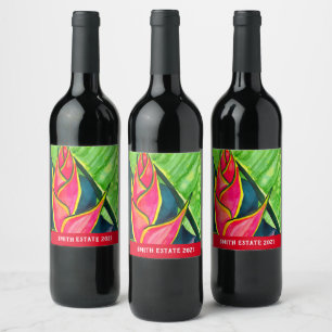 Étiquette Pour Bouteilles De Vin Hélicoptère aquarelle fleur tropicale