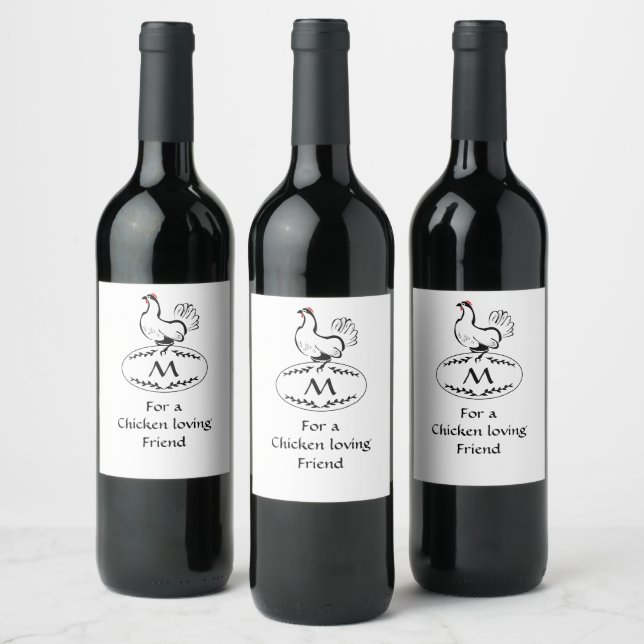 Étiquette Pour Bouteilles De Vin Hen classique noir et blanc sur un oeuf de monogra (Bouteilles)