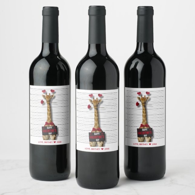 Étiquette Pour Bouteilles De Vin Heureuse Sainte-Valentin Mugshot coupable Giraffe  (Bouteilles)