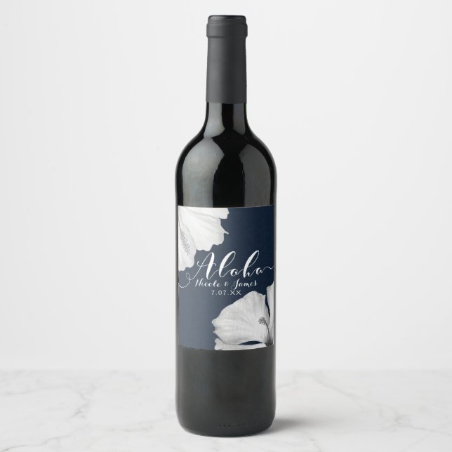 Étiquette Pour Bouteilles De Vin Hibiscus Blanc Bleu Mariage tropical Vin Aloha (Devant)