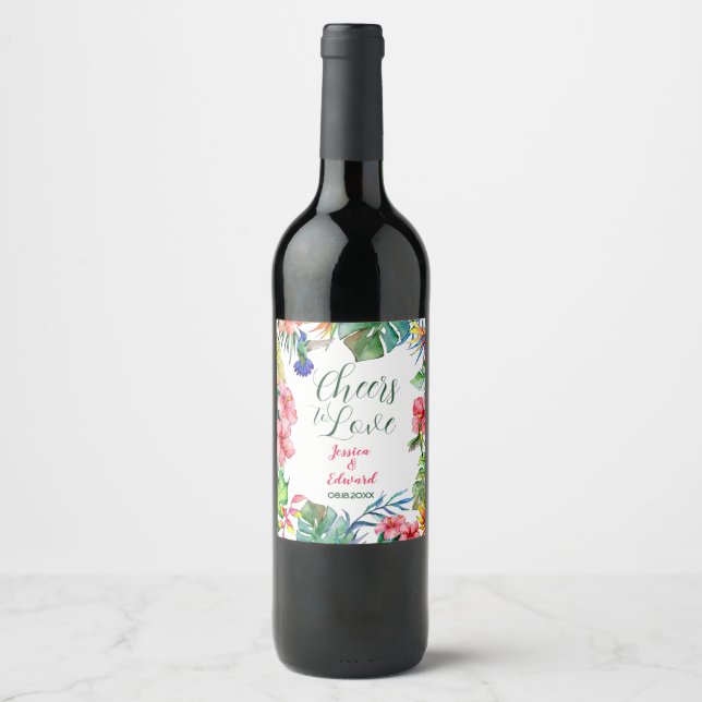Étiquette Pour Bouteilles De Vin Hibiscus hawaïen Feuille tropical Mariage (Devant)