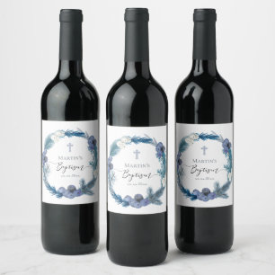 Étiquette Pour Bouteilles De Vin hiver Baptême bleu couronne Étiquette de vin