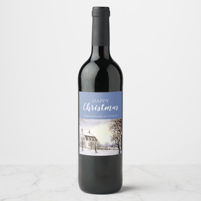 Étiquette Pour Bouteilles De Vin Hiver en Nouvelle-Angleterre aquarelle peinture (Devant)