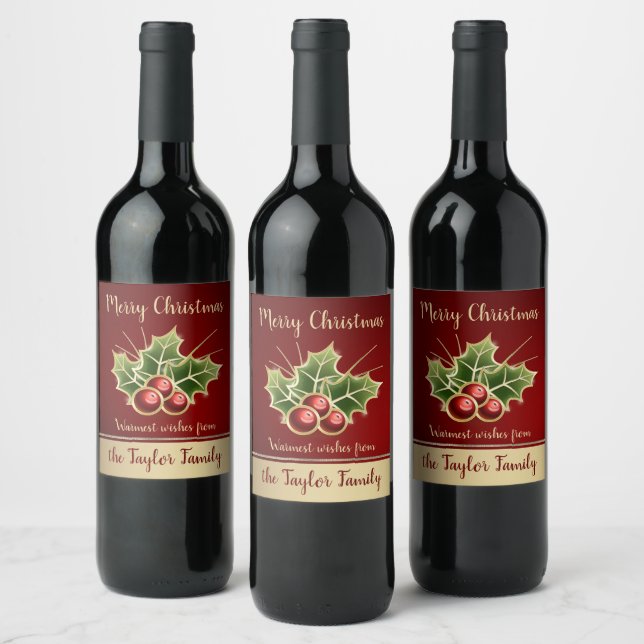 Étiquette Pour Bouteilles De Vin Holly Berry Noël Personnalisé Rouge (Bouteilles)