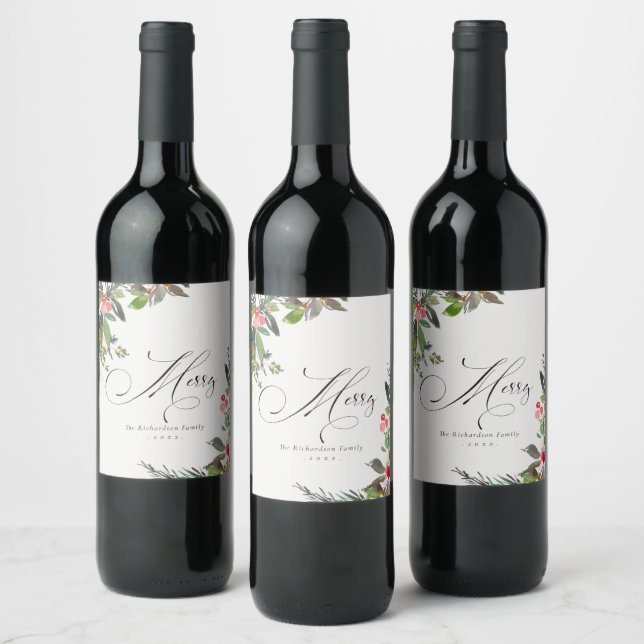 Étiquette Pour Bouteilles De Vin Holly Berry Pine Rouge Vert Joyeux Noël (Bouteilles)