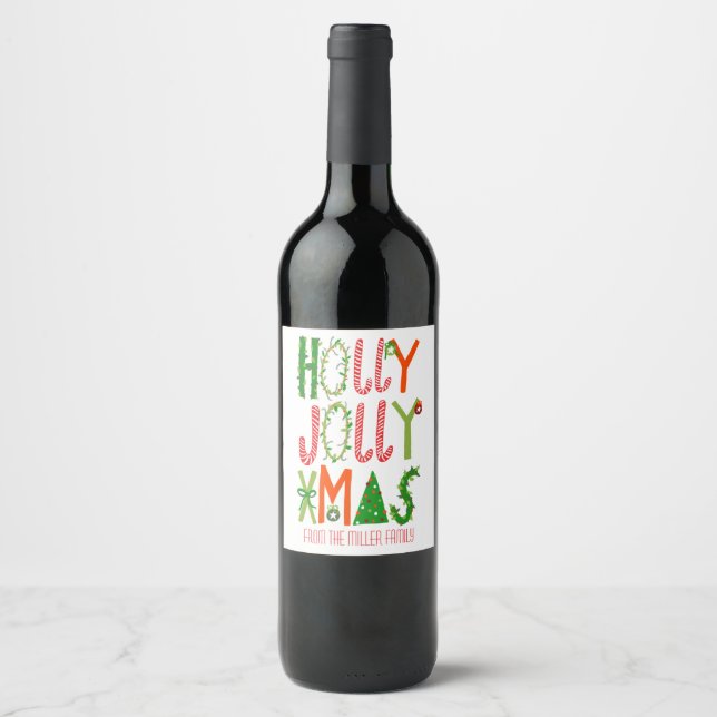 Étiquette Pour Bouteilles De Vin HOLLY JOLLY XMAS Fêtes Noël PERSONNALISÉ (Devant)