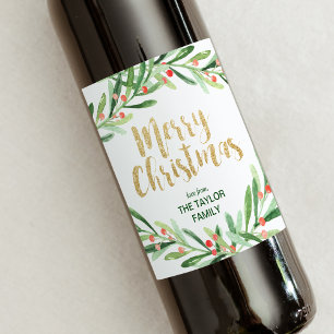 Étiquette Pour Bouteilles De Vin Holly Wreath Joyeux Noël