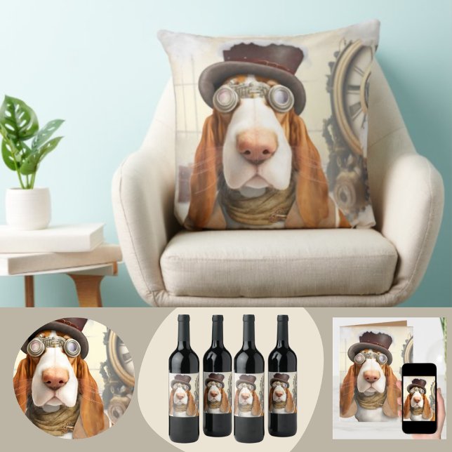 Étiquette Pour Bouteilles De Vin Hound Steampunk Basset (Créateur téléchargé)