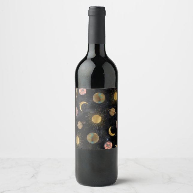 Étiquette Pour Bouteilles De Vin Illustration Gold Sun Moon Planètes Space (Devant)
