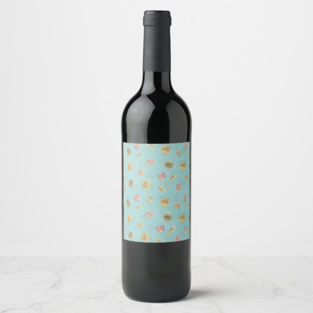 Étiquette Pour Bouteilles De Vin Illustration Gold Sun Moon Planètes Space Blue (Devant)