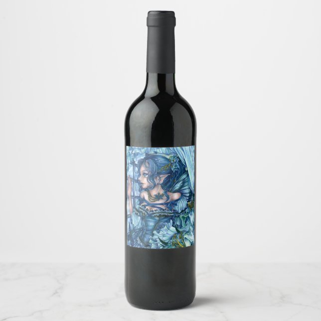 Étiquette Pour Bouteilles De Vin Imaginaire Fairy Anime Girl Victorian Blue (Devant)