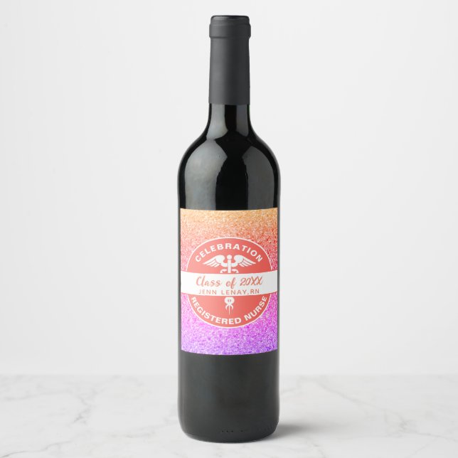 Étiquette Pour Bouteilles De Vin Infirmière diplômée Parties scintillant arc-en-cie (Devant)
