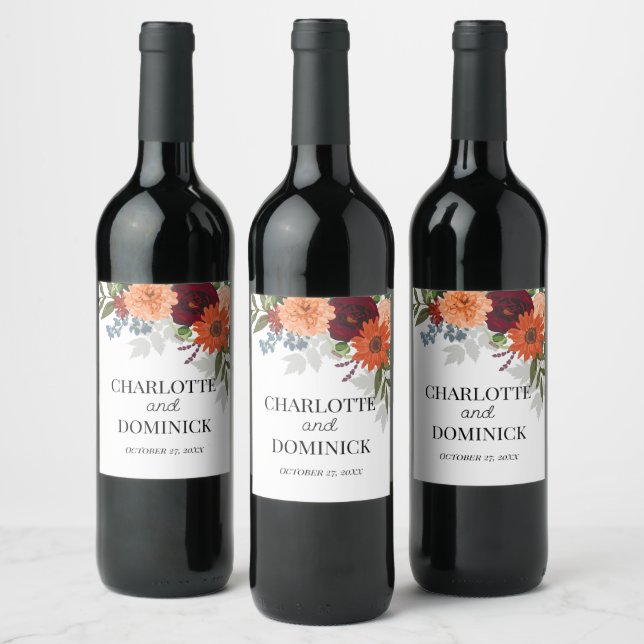 Étiquette Pour Bouteilles De Vin Jardin d'automne de Bourgogne Mariage floral (Bouteilles)