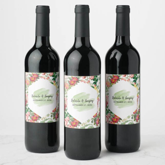 Étiquette Pour Bouteilles De Vin Jardin floral, aquarelle et Mariage géométrique (Bouteilles)
