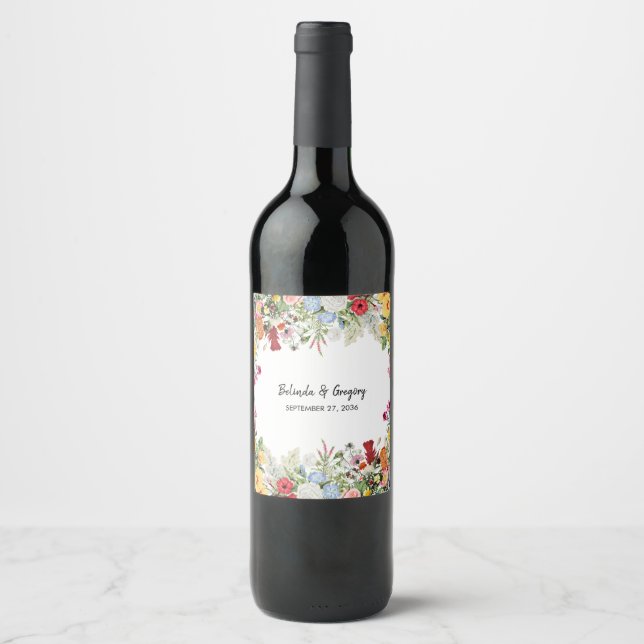 Étiquette Pour Bouteilles De Vin Jardin Floral Fleurs colorées Mariage (Devant)