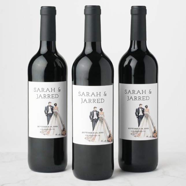 Étiquette Pour Bouteilles De Vin Jeunes mariés aquarelle Mariage (Bouteilles)