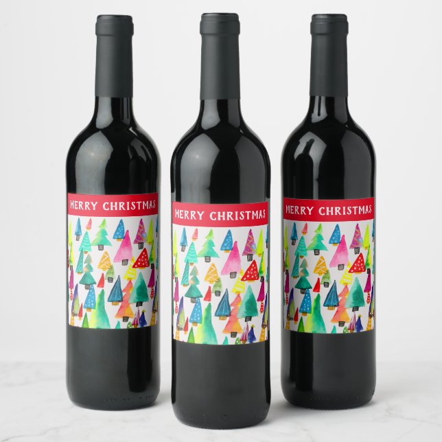 Étiquette Pour Bouteilles De Vin Joli aquarelle arbres de Noël (Bouteilles)