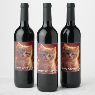 Étiquette Pour Bouteilles De Vin Joli Chat de Noël