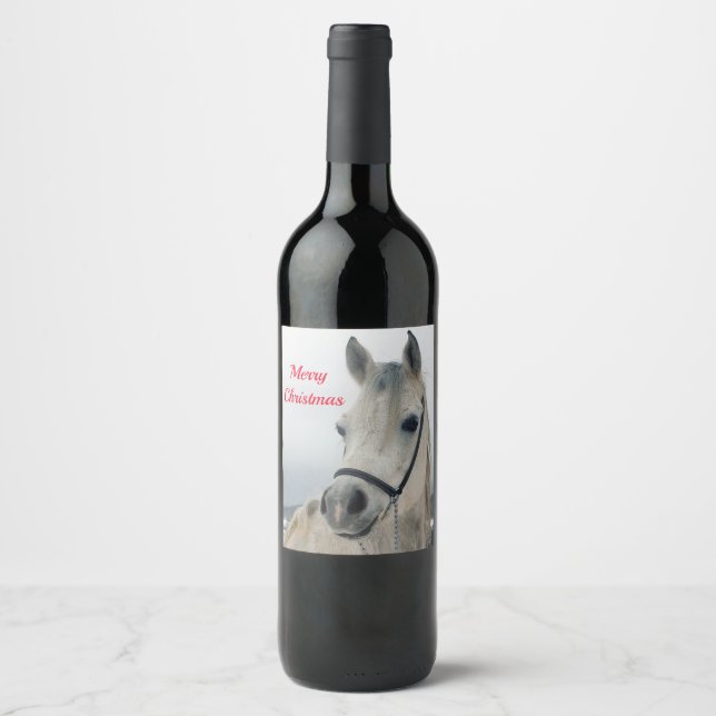 Étiquette Pour Bouteilles De Vin Joli Cheval Blanc Photo Noël (Devant)