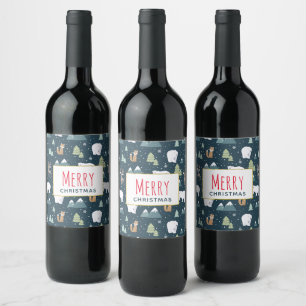 Étiquette Pour Bouteilles De Vin Joli Noël Animaux d'hiver Motif rustique