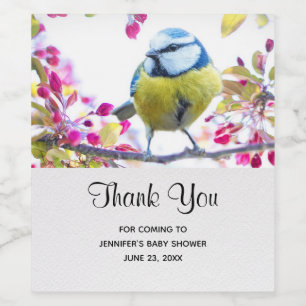 Étiquette Pour Bouteilles De Vin Joli oiseau bleu et jaune sur un Baby shower de br