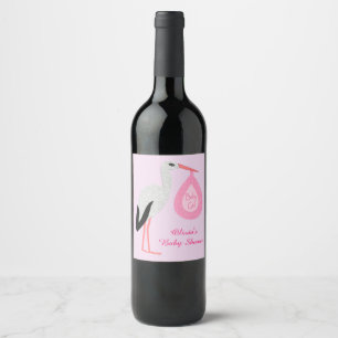 Étiquette Pour Bouteilles De Vin Joli rose Baby Girl Stork Baby shower personnalisé