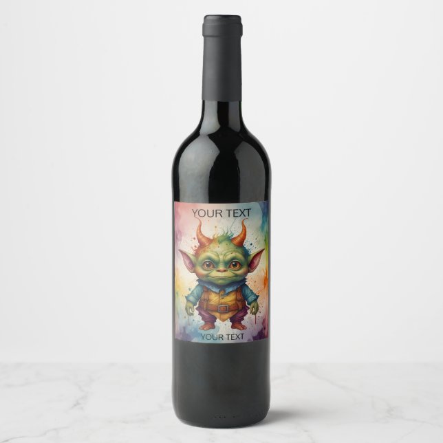Étiquette Pour Bouteilles De Vin Jolie colorée drôle petite créature gobelin (Devant)