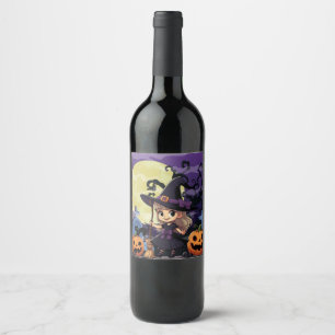 Étiquette Pour Bouteilles De Vin Jolie Sorcière d'Halloween Anime