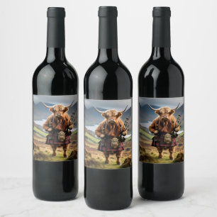 Étiquette Pour Bouteilles De Vin Joueur de cornemuse de vache des Highlands écossai