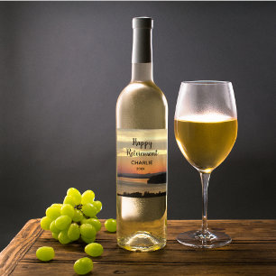 Étiquette Pour Bouteilles De Vin Joyeuse retraite Orange coucher de soleil avec nom