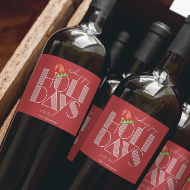 Étiquette Pour Bouteilles De Vin Joyeuses Fêtes Typographie Rétro Rouge (Créateur téléchargé)