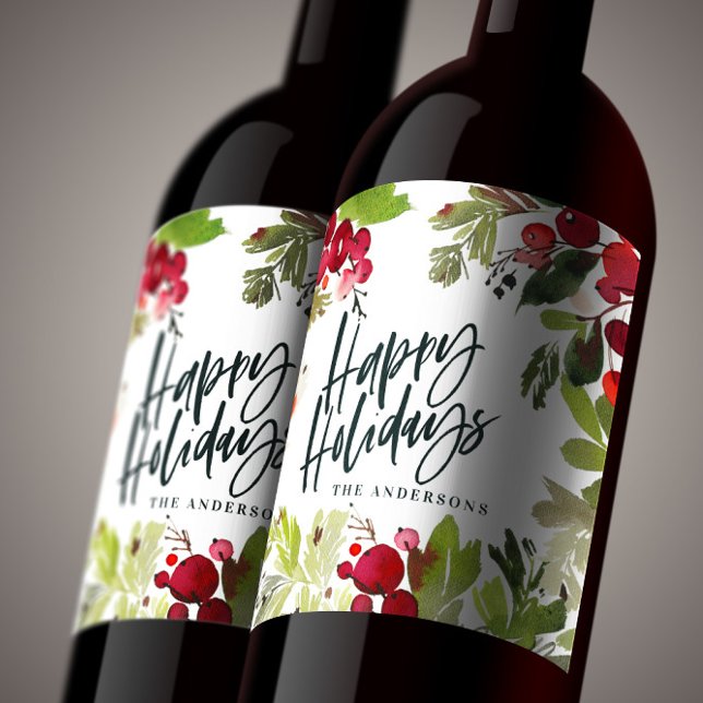 Étiquette Pour Bouteilles De Vin Joyeuses vacances aquarelle script floral (Créateur téléchargé)