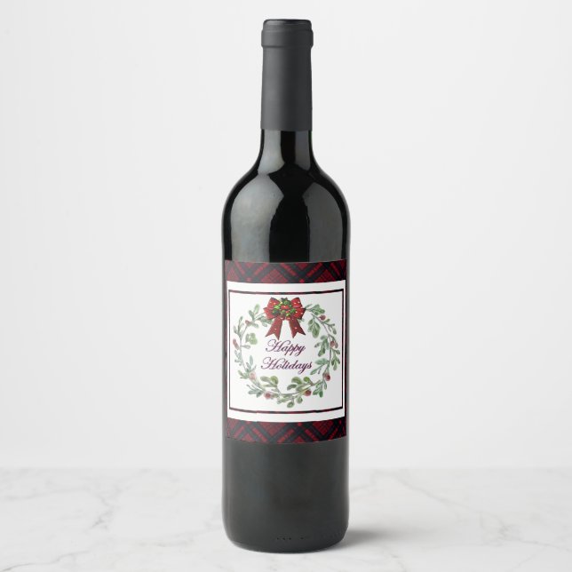 Étiquette Pour Bouteilles De Vin Joyeuses Vacances Rouge Plaid (Devant)