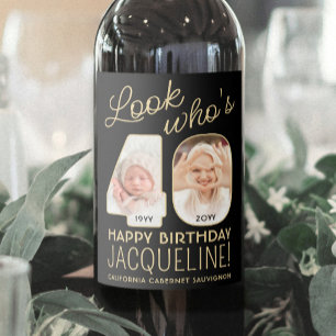 Étiquette Pour Bouteilles De Vin Joyeux Anniversaire 40 ans Fête avec 2 Photos Noir