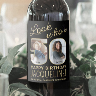 Étiquette Pour Bouteilles De Vin Joyeux Anniversaire 50 Ans Fête avec 2 Photos Noir