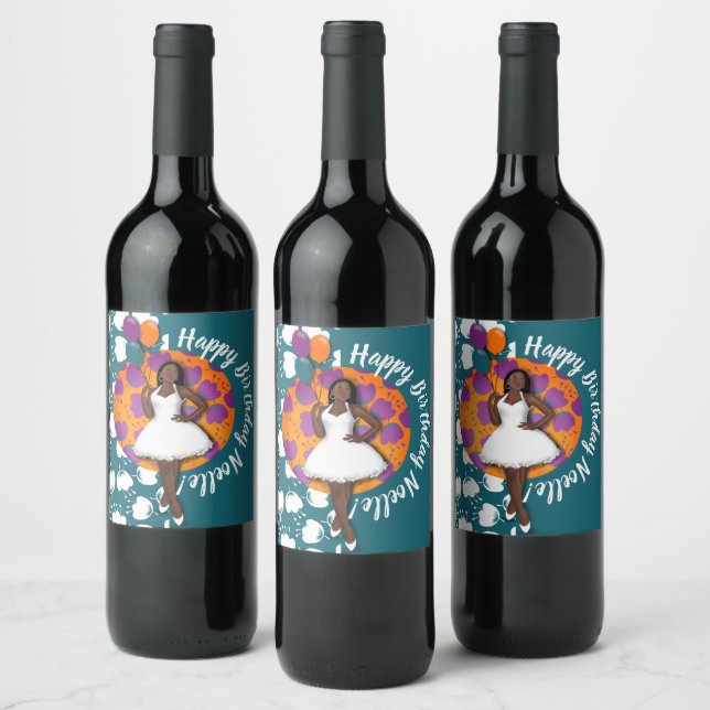 Étiquette Pour Bouteilles De Vin Joyeux anniversaire ! Femme noire, Ballons & Fleur (Bouteilles)