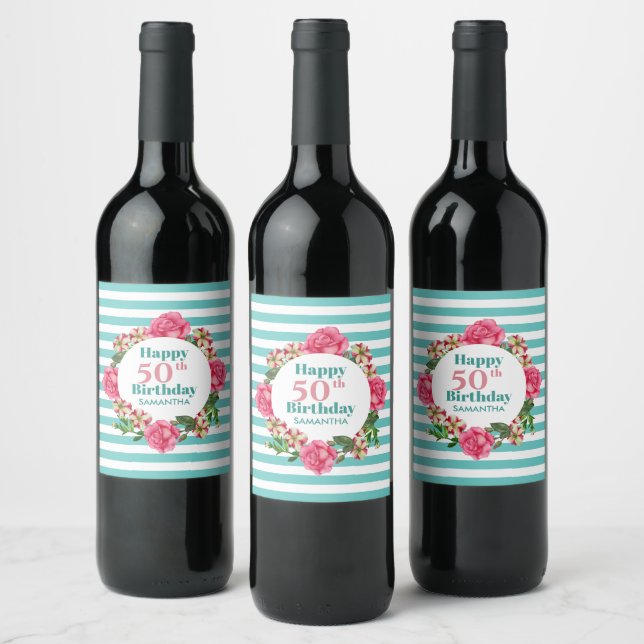 Étiquette Pour Bouteilles De Vin Joyeux Anniversaire Rose Rose Rouge Blanc Pétunia  (Bouteilles)