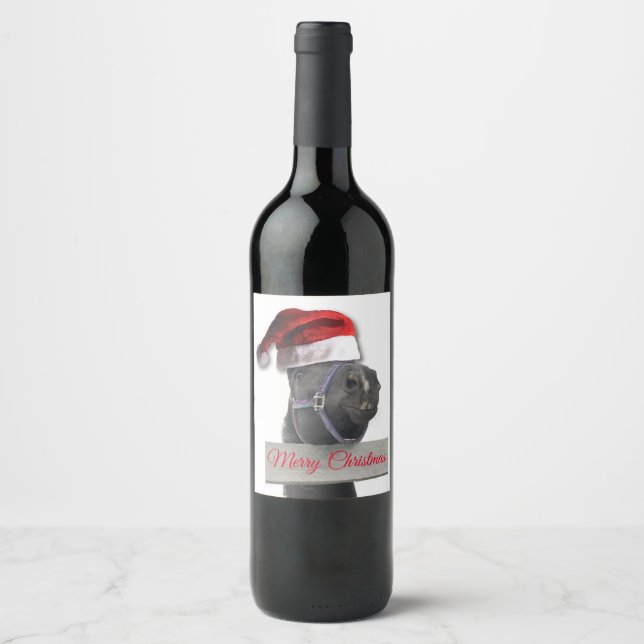 Étiquette Pour Bouteilles De Vin Joyeux Cheval de Noël (Devant)