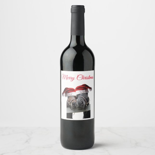 Étiquette Pour Bouteilles De Vin Joyeux Chevaux de Noël (Devant)