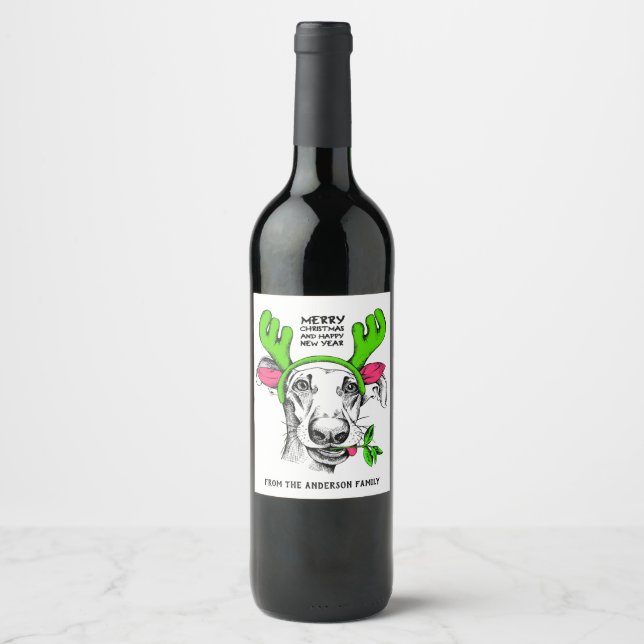 Étiquette Pour Bouteilles De Vin Joyeux chien renne de Noël Personnalisé | Xmas (Devant)