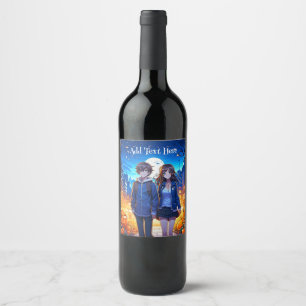 Étiquette Pour Bouteilles De Vin Joyeux Halloween Couple d'anime se tenant la mai