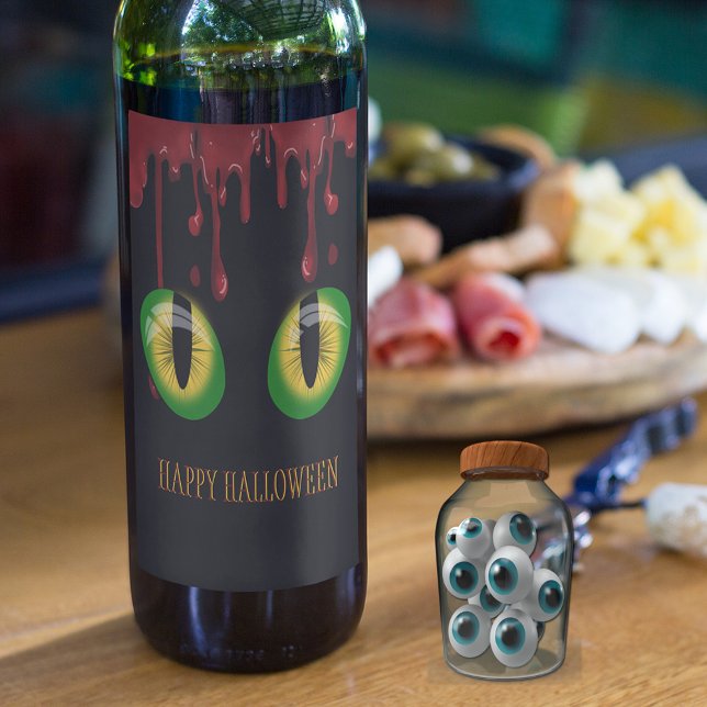 Étiquette Pour Bouteilles De Vin Joyeux Halloween Sang Yeux de monstre vert effraya (Créateur téléchargé)